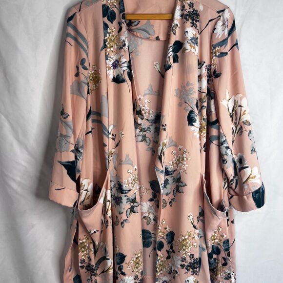 Coldwater Creek Floral Print Open Front Kimono Cardigan Pink Size PL Cottage - Picture 3 of 10